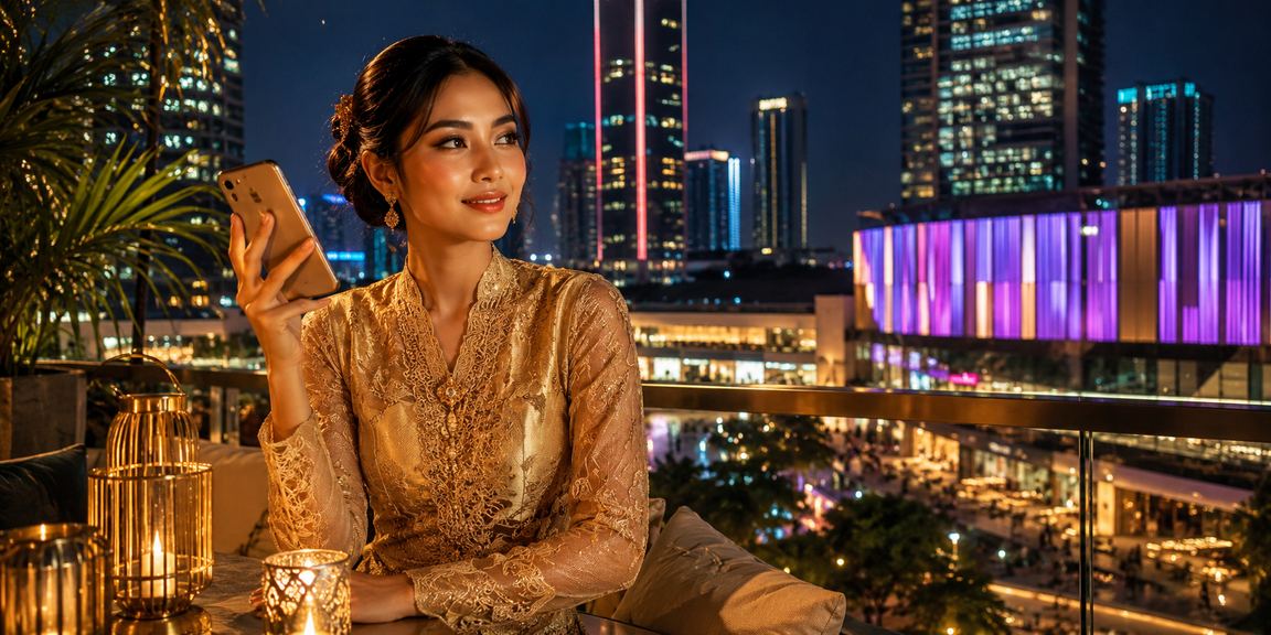 Pengguna Petaling Jaya berpakaian kebaya menggunakan telefon untuk akses kasino mudah alih